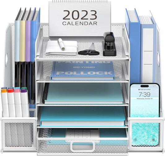 5 Trays Paper Organizer with Handle - Mesh Desk Organizer with File Holder, Desktop Organizer and Storage with Drawer for Office Supplies Home or School, White
