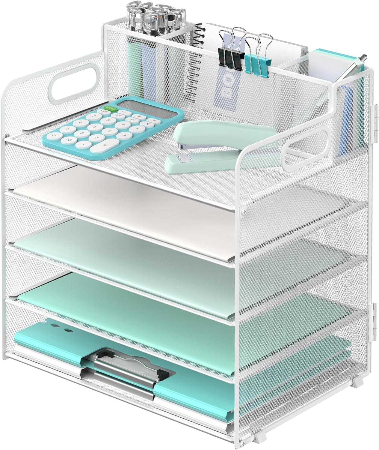 5 Trays Paper Organizer with 3 Pen Holders-Letter Tray Desk Organzier, Mesh Desk File Organizer with Handle, Paper Sorter for Office Organization (White)