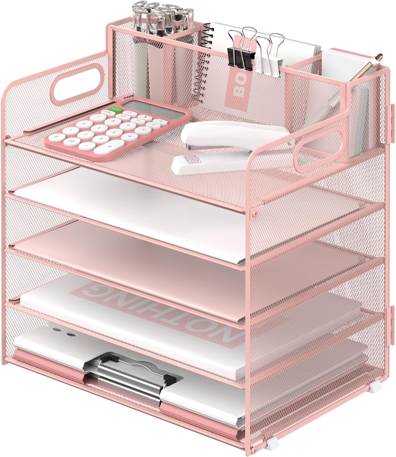 5 Trays Paper Organizer with 3 Pen Holders-Letter Tray Desk Organizer, Mesh Desk File Organizer with Handle, Paper Sorter for Office Organization (Pink)