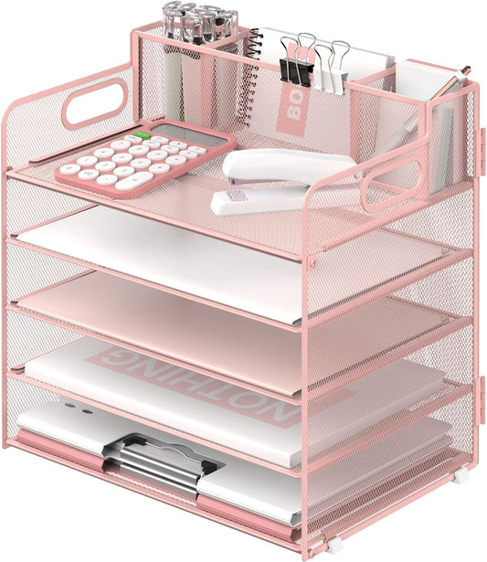 5 Trays Paper Organizer with 3 Pen Holders-Letter Tray Desk Organizer, Mesh Desk File Organizer with Handle, Paper Sorter for Office Organization (Pink)